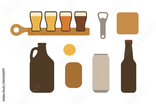 Beer tasting setup with various containers and glasses displayed on wooden board in an inviting space