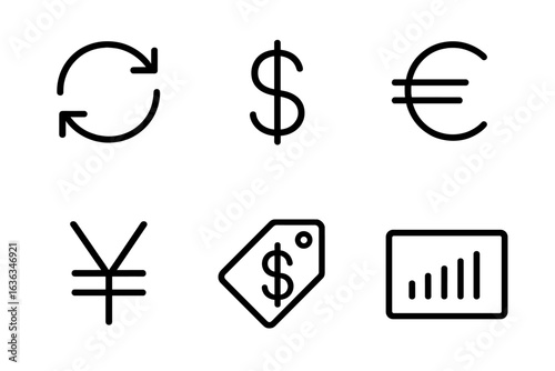 Symbols representing global currencies and financial concepts in a minimalist design with clear lines and simplicity