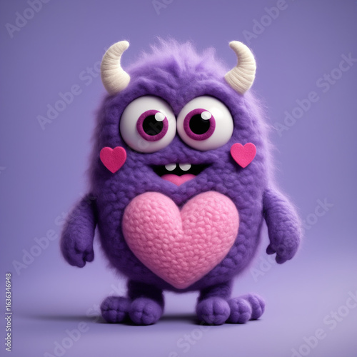 Adorable Monster with Heart-Shaped Details in a Pastel Background fuzzy A perfect representation of love, affection, and cartoon creativity for Valentine's themes or fun designs.