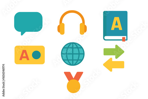 Engaging visual elements representing language learning tools and communication methods in a colorful design
