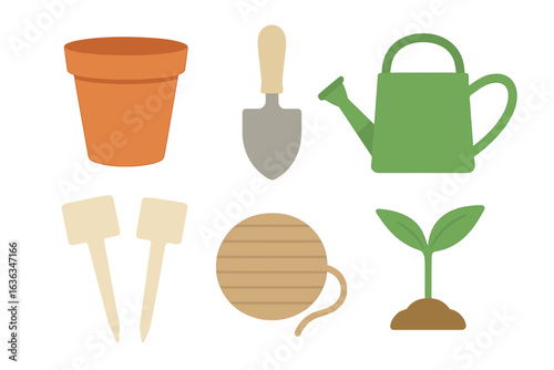 Gardening tools and supplies arranged in a simple layout showcasing items for planting and nurturing plants