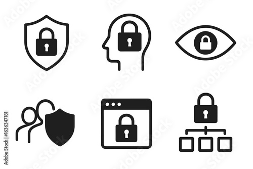 Various icons representing security concepts, including locks, privacy, and online safety measures
