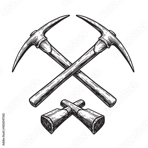 Intricate hand drawn illustration of crossed pickaxes and sledgehammers on a white background