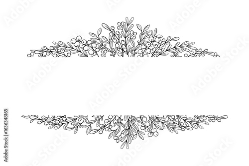 Horizontal monochrome frame with barberry, juniper, holly and rowan berries. Wintergreen plant vector illustration with blank space for text. For season invitation, Christmas card, birthday greetings