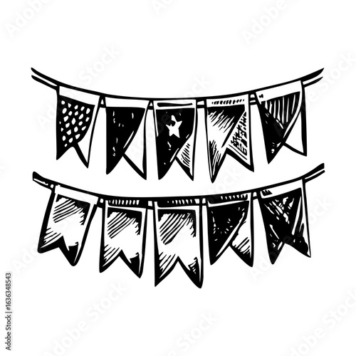 A vintage style illustration of decorative hanging pennants 