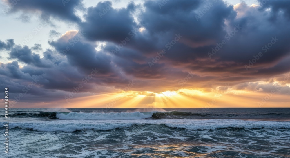 Fototapeta premium Dramatic Sunset Over Ocean Waves with God Rays