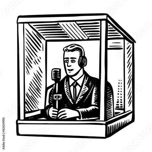 A vintage style illustration denoting announcer booth setup
