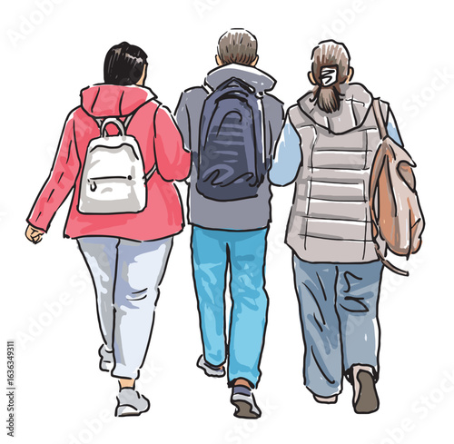 Three casual modern townspeople with backpacks walking down street, back view, realistic sketch, vector illustration, white background