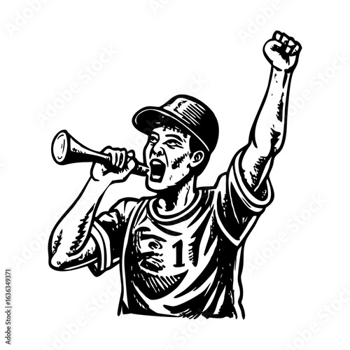 Vintage style illustration depicting enthusiastic cheering soccer fan