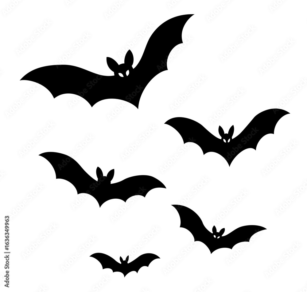 Naklejka premium Halloween bat flat illustrations set. Black bats design elements collection. Vector icons.