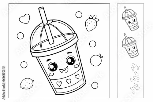Coloring Pages, cartoon slushie cup with dome lid and straw, colorless, uncolored, black and white for coloring book, coloring page, kids