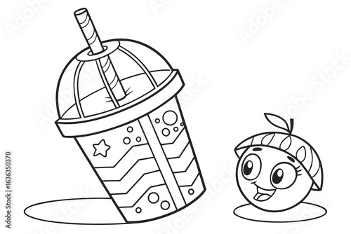 Coloring Pages, cartoon slushie cup with dome lid and straw, colorless, uncolored, black and white for coloring book, coloring page, kids