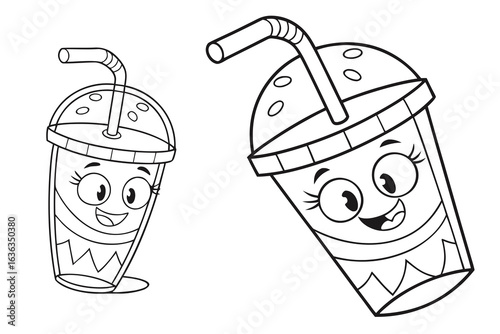 Coloring Pages, cartoon slushie cup with dome lid and straw, colorless, uncolored, black and white for coloring book, coloring page, kids