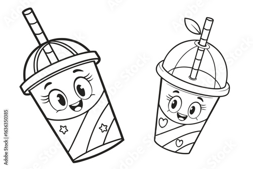Coloring Pages, cartoon slushie cup with dome lid and straw, colorless, uncolored, black and white for coloring book, coloring page, kids