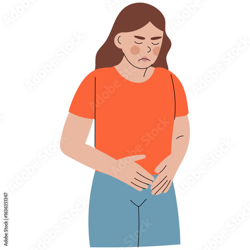 Woman holding her stomach in pain. Flat vector illustration for cramps, indigestion or abdominal health issues.