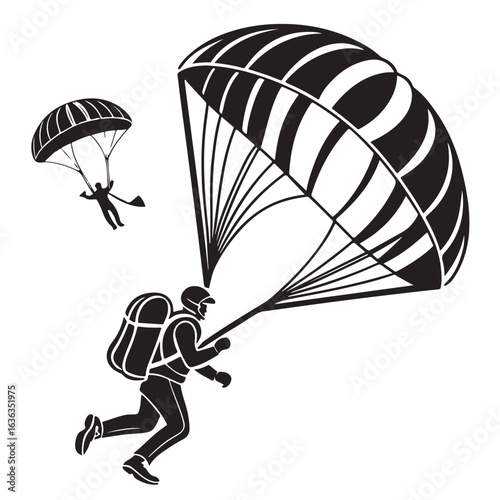 Dynamic illustration of two skydivers descending from the sky with large parachutes open against a white background