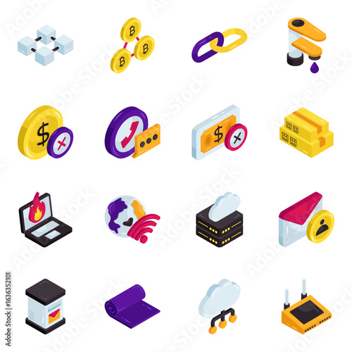 Set of Currency and Network Isometric Icons

