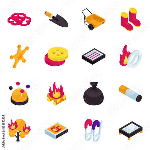 Set of Construction Tools and Combustion Isometric Icons

