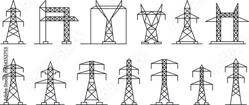 Collection of electrical transmission towers, power line structures, high voltage pylons, energy infrastructure, industrial engineering, utility grid, electricity distribution, infrastructure design