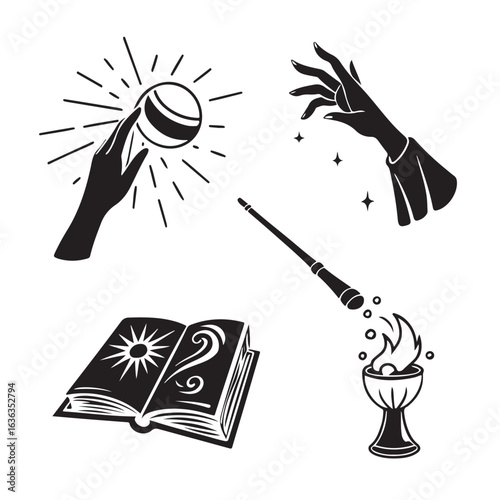 Mystical symbols of magic and sorcery including a glowing orb a spellbook and a witchs hand