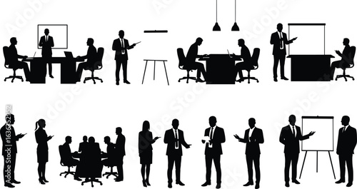 Office silhouettes, business interactions, corporate teamwork, workplace scenes, flip chart presentations, desk laptops, standing conversations, cartoon vector set, professional icons