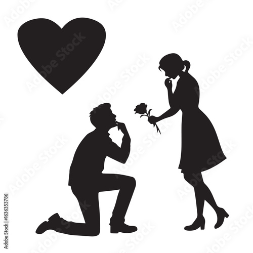Silhouette of a man proposing to a woman with a rose and a heart symbol representing love and romance