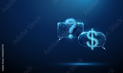 Blue futuristic chat bubbles with question mark and dollar sign. AI-powered chatbots, automated customer support, real-time response systems, intelligent assistance concept.