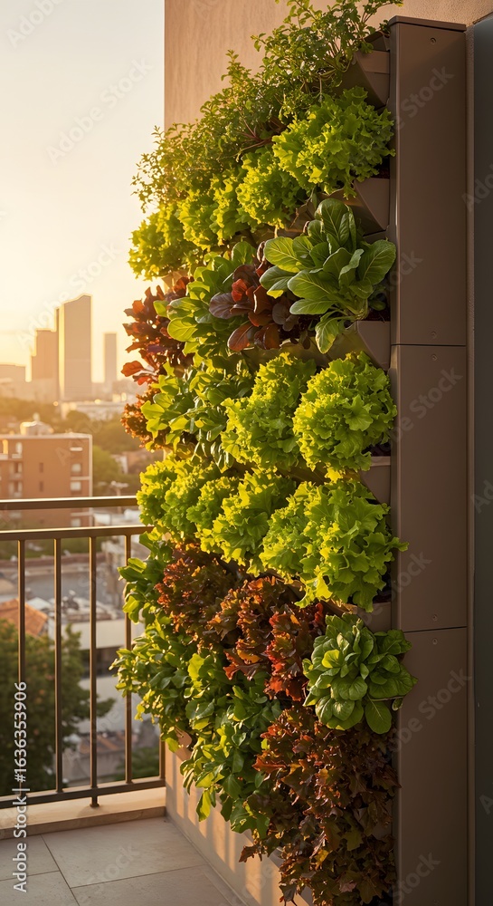 Fototapeta premium Vertical garden balcony urban gardening lettuce herbs cityscape green wall fresh produce home grown plants 100
