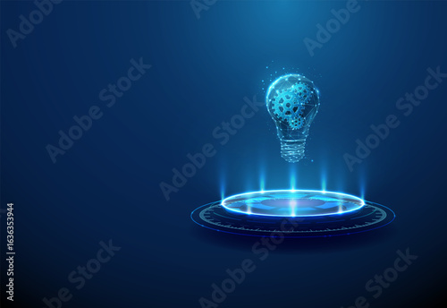 Light bulb with gears inside on futuristic podium. Innovation, artificial intelligence technologies and smart technology concept. Wireframe low poly style