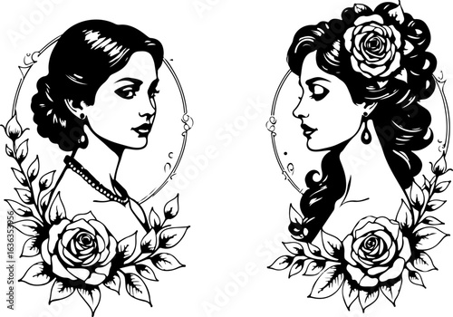 Vintage Women Portrait with Floral Frame"