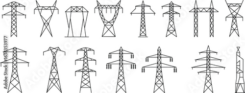 Collection of electrical transmission towers, power pylons, energy infrastructure, engineering structures, high voltage lines, industrial design, vector illustration, electricity