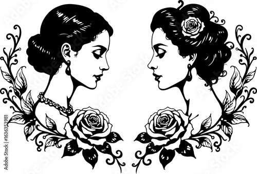 Vintage Women Portrait with Floral Frame"