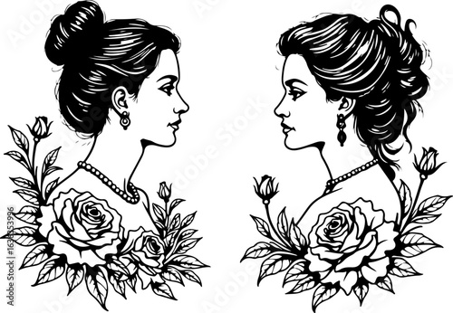 Vintage Women Portrait with Floral Frame"
