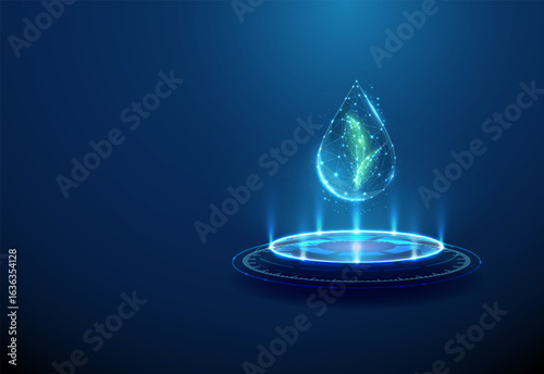 Water drop with green leaves inside drop on futuristic podium. Water purity, environmental sustainability and eco technology concept.