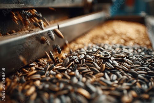 A close-up view of a pile of sunflower seeds being processed in an industrial expeller press inside a factory. The seeds are being squeezed to extract oil.