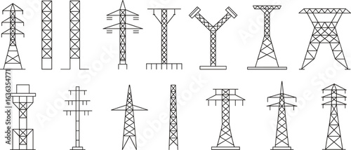Collection of power transmission towers, electrical infrastructure, high voltage poles, energy distribution, industrial structures, utility grid, engineering design, network system