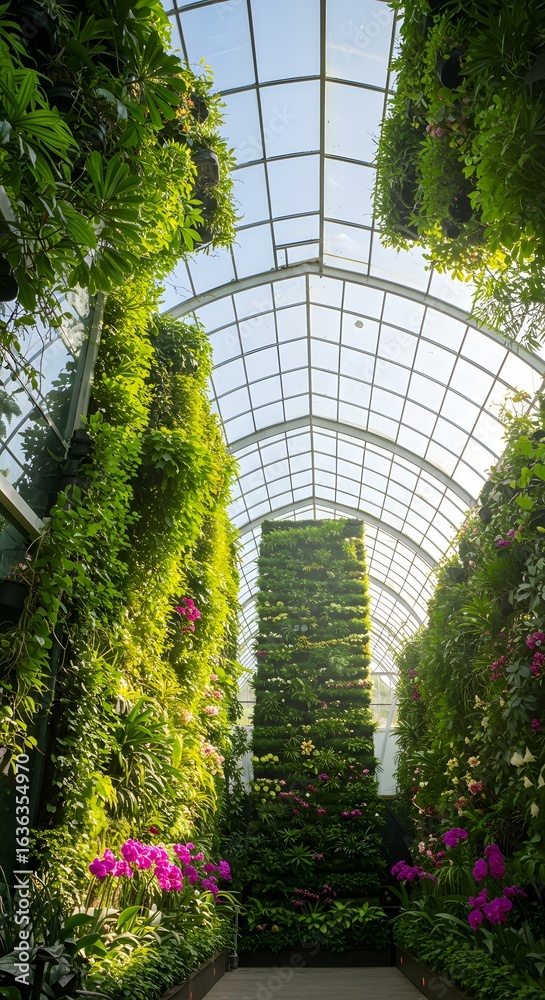 Fototapeta premium Garden greenhouse flowers plants botanical garden vertical garden floral display indoor garden lush greenery