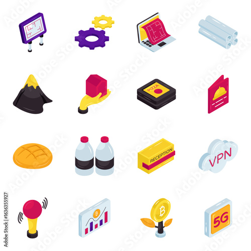Set of Construction and Food Isometric Icons 

