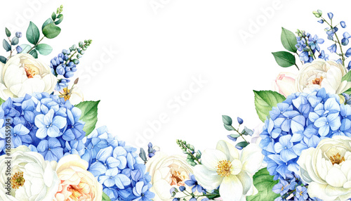 Fototapeta Naklejka Na Ścianę i Meble -  Watercolor floral bouquet border Hydrangea myosotis rose peony blue white flowers, g
