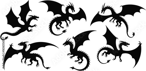 Dragon silhouette collection, fantasy creature poses, mythical beast artwork, flying dragons, vector illustration, game design asset, tattoo reference, black shapes