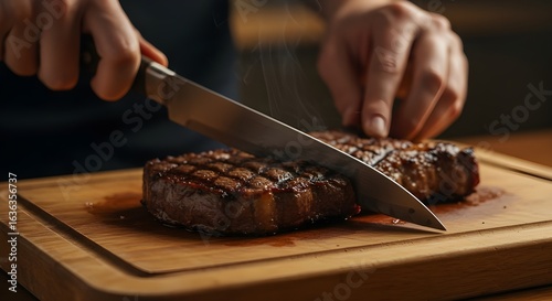 Close-up of a hand slicing grilled steak on a wooden cutting board, juices dripping, rustic style, warm ambient lighting, no visible face, emphasizing texture, freshness, and appetizing meal in a cozy