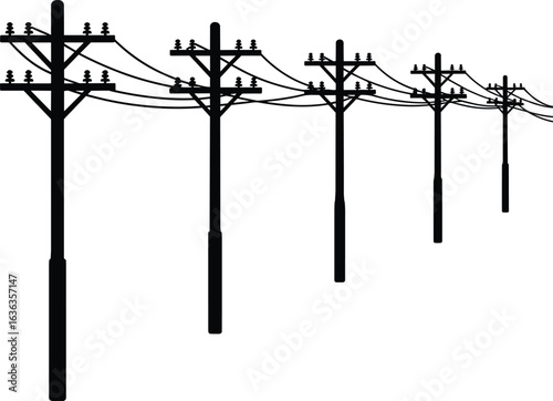 Electric power transmission lines, utility poles, infrastructure, energy distribution, high voltage, electricity, rural area, power grid, black and white silhouette