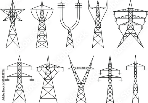 Electrical transmission towers, power line structures, high voltage pylons, energy infrastructure, utility poles, industrial engineering, electricity grid, vector illustration, black and white