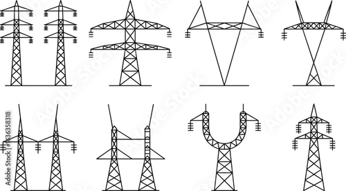 Electrical transmission towers, power line structures, high voltage pylons, energy infrastructure design, utility poles, engineering illustration, electricity grid, 