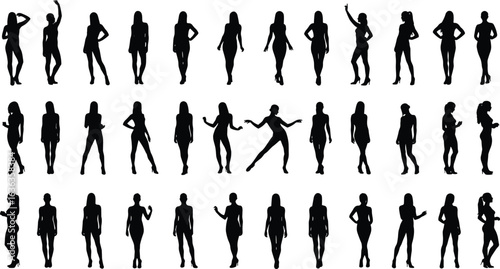 Silhouettes of 30 standing human figures in varied expressive poses, casual and confident stances, grid layout for design reference