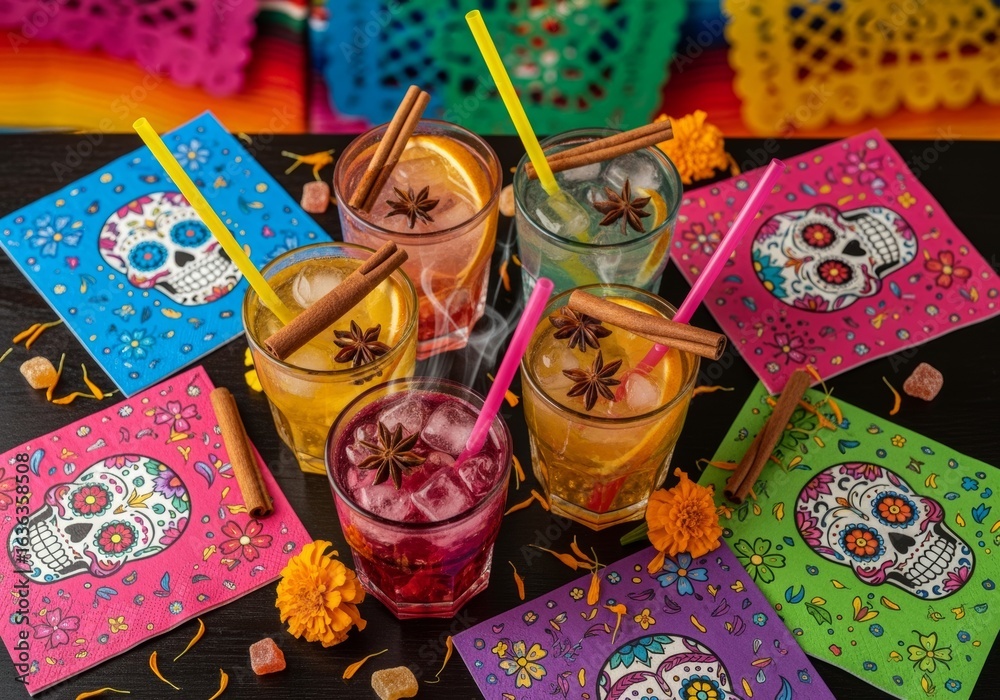Fototapeta premium Colorful Mexican Day of the Dead drinks with sugar skulls and marigolds