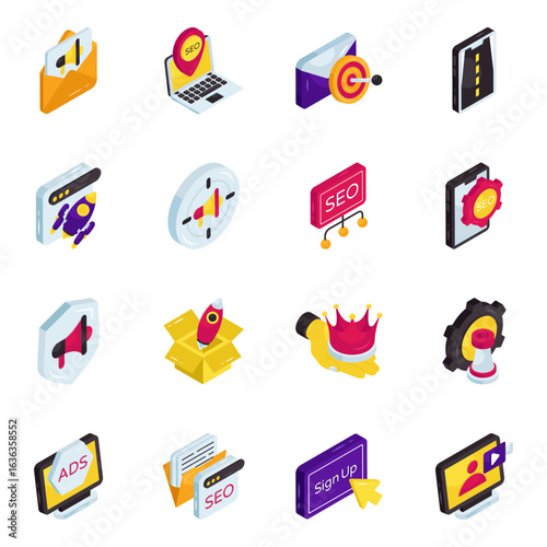 Set of Seo and Promotion Isometric Icons

