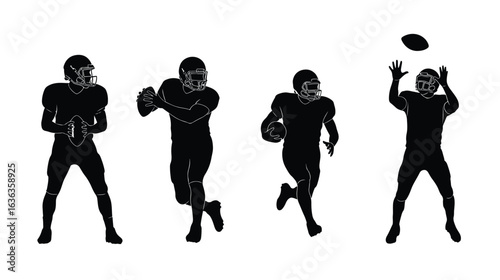 Two american football players in silhouette, one running with the ball, isolated on white background sports silhouette