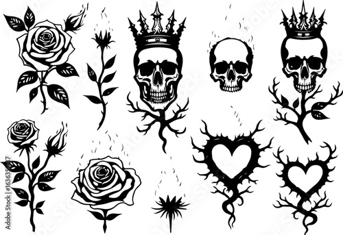 "Skulls and Roses Tattoo Art Collection" vector bundle