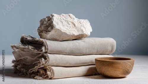 Stacked natural fabrics and a stone, with a wooden bowl